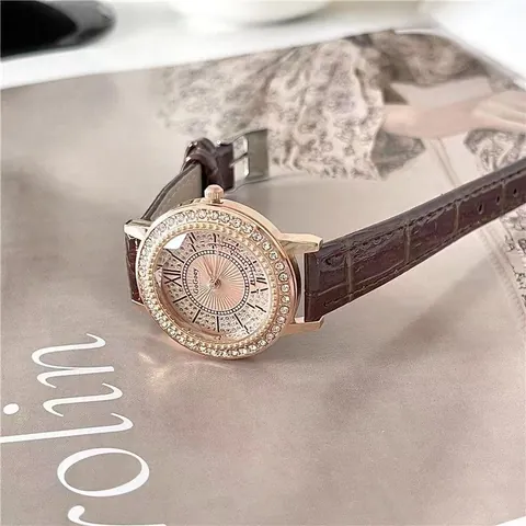 Fashion Women's Quartz Watch Rhinestone Inlaid Dial PU Leather Strap Elegant Starry Sky Roman Numerals Ladies Wristwatch