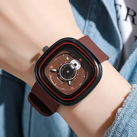 Mode Vierkant Groot Wijzerplaat Quartz Horloge Industrieel Stijl Siliconen Band Sportief Casual Polshorloge Voor Heren Vrouwen Sieraden