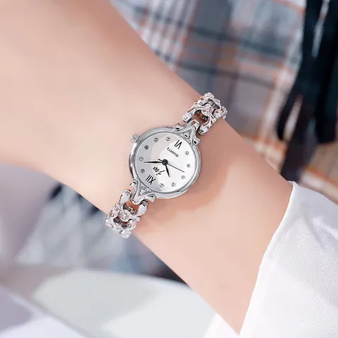 Women Fashion Bracelet Watch Alloy Rhinestone Elegant Quartz Wristwatch With Roman Numerals Metal Chain Bangle Style Watch