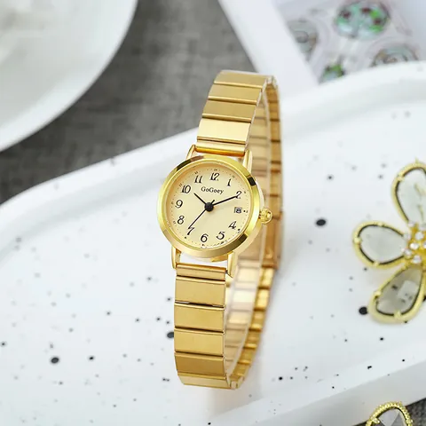 Fashion Women Quartz Watch Round Alloy Case Steel Band Arabic Numerals Date Display Vintage Elegant Daily Wristwatch Gift