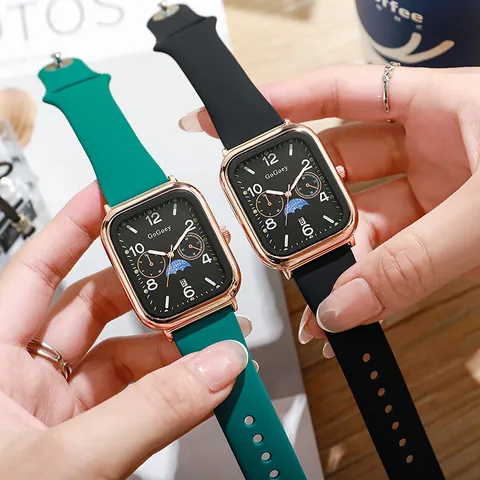 Retro Rechthoekig Kwartshorloge Voor Heren Vrouwen Rose Goud Legering Kast Siliconen Band Mode Kalender Maanfase Polshorloge