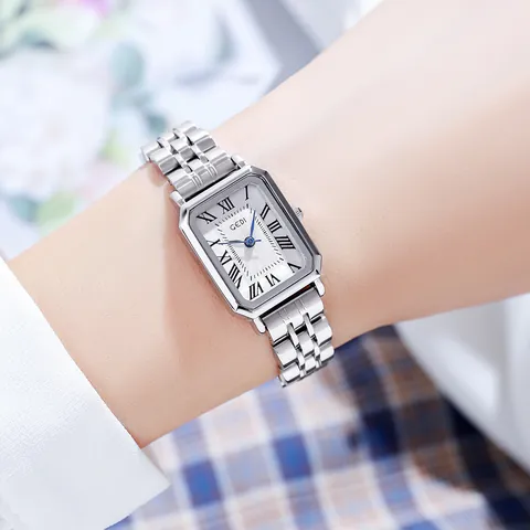 GEDI Reloj de Cuarzo para Mujer Cuadrado Vintage Correa de Acero Inoxidable Impermeable Números Romanos Elegante Reloj de Pulsera