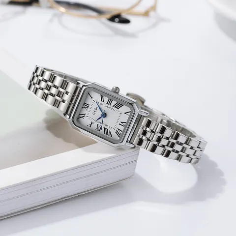 GEDI Elegant Rechthoekig Dames Quartz Horloge Roestvrij Staal Metalen Band Romeinse Cijfers Waterdicht Mode Horloge