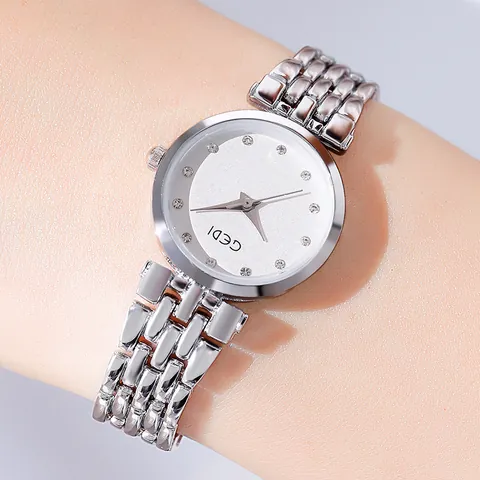 GEDI Women Fashion Quartz Watch Alloy Metal Chain Strap Rhinestone Marker Round Analog Wristwatch Elegant Dress Watch