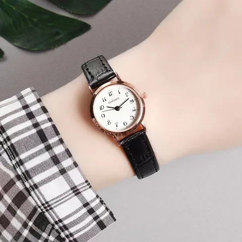 Women's Fashion Quartz Watch With Calendar Rose Gold Case Minimalist Arabic Numerals Dial Crocodile Pattern PU Leather Strap