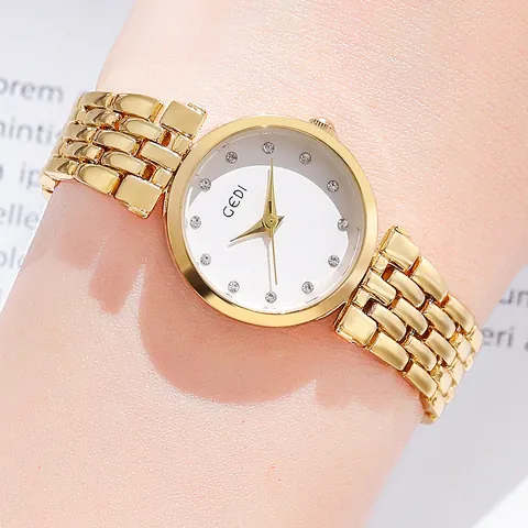 GEDI Women Fashion Quartz Watch Alloy Metal Chain Strap Rhinestone Marker Round Analog Wristwatch Elegant Dress Watch
