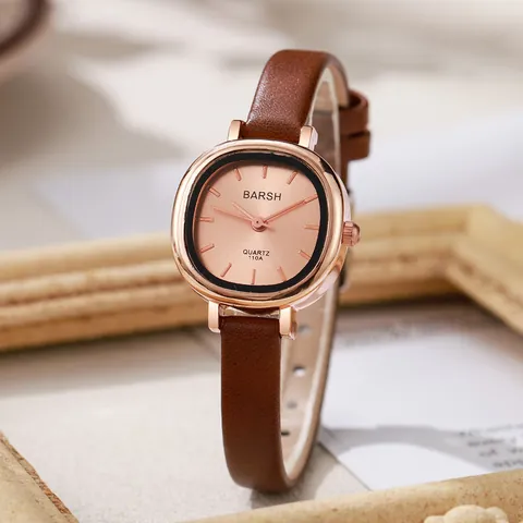 Reloj de Cuarzo Vintage para Mujer Caja de Aleación Ovalada Pequeña Oro Rosa Correa de Cuero PU Reloj de Pulsera Minimalista Elegante