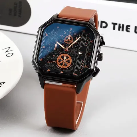 Fashion Men's Sport Quartz Watch Octagonal Alloy Case Silicone Strap Date Display Large Dial Creative Casual Wristwatch