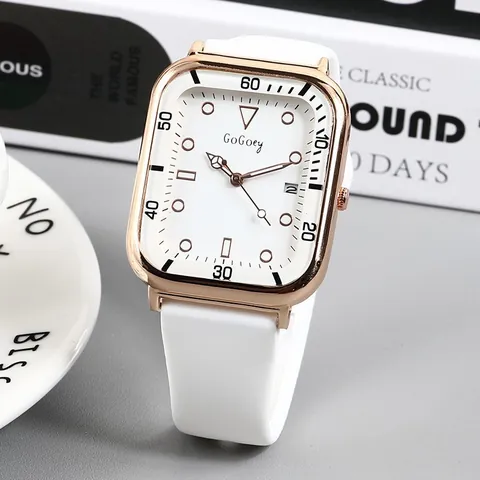 Mode Vierkant Quartz Horloge Voor Dames Siliconen Band Roségoud Legering Kast Analoog Polshorloge Met Datum Kalender
