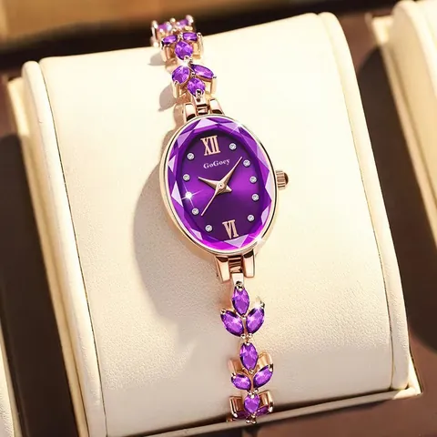 Women Fashion Oval Quartz Bracelet Watch Elegant Leaf Shape Alloy Band Rhinestone Inlaid Luxurious Rose Gold Wristwatch For Lady