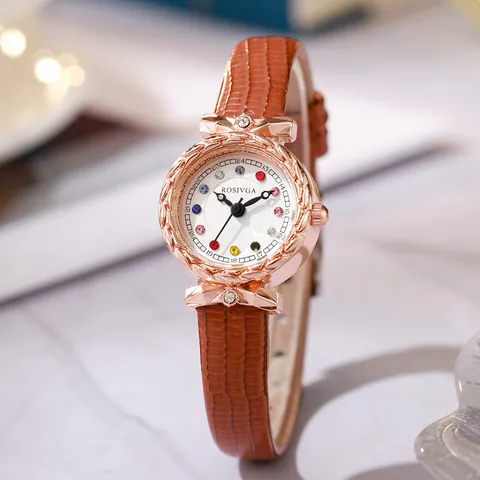 Women Fashion Quartz Watch Vintage Round Small Dial Alloy Case PU Leather Strap Colorful Rhinestone Markers Lady Wristwatch