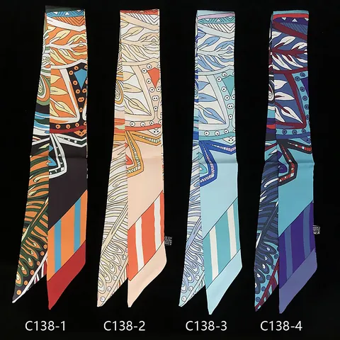 Bohemian Leaf Striped Satin Twilly Scarf For Women Vintage Floral Print Bag Handle Ribbon Hair Tie Neck Scarf Fashion Accessory