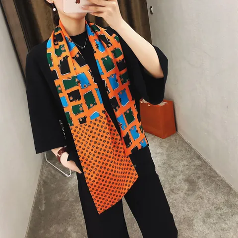 Dames Mode Dubbellaags Satijnen Sjaal Bedrukt Dier Ruit Twill Lange Stropdas Hoofdband Haar Accessoire Veelzijdige Wrap