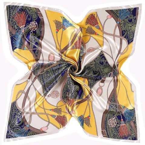 Women Satin Square Scarf Elegant Paisley Horse Bit Belt Chain Print Large Silky Headwrap Neck Kerchief Fashion Accessories