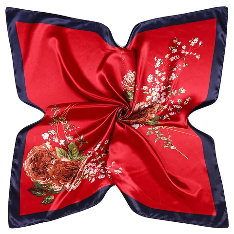 Vintage Floral Print Satin Square Scarf For Women Retro Rose Pattern Soft Silky Hair Neck Wrap Large Luxury Fashion Accessory