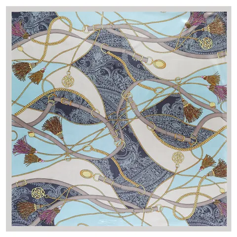 Women Satin Square Scarf Elegant Paisley Horse Bit Belt Chain Print Large Silky Headwrap Neck Kerchief Fashion Accessories