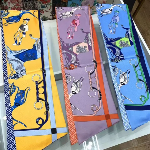 Women's Vintage Royal Carriage Horse Print Satin Long Scarf Twill Double Layer Decorative Elegant Neck Scarf Headband
