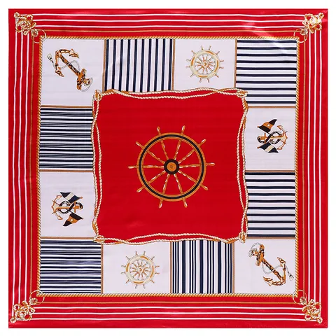 Women Nautical Anchor Rudder Print Satin Square Scarf Large Stripe Silk Like Hair Neck Scarf For Travel Casual Accessories