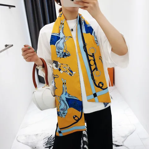 Women's Vintage Royal Carriage Horse Print Satin Long Scarf Twill Double Layer Decorative Elegant Neck Scarf Headband