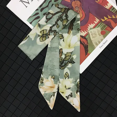 Vintage Magnolia Print Twill Satin Scarf For Women Elegant Floral Hair Band Handbag Ribbon Decorative Narrow Small Scarf