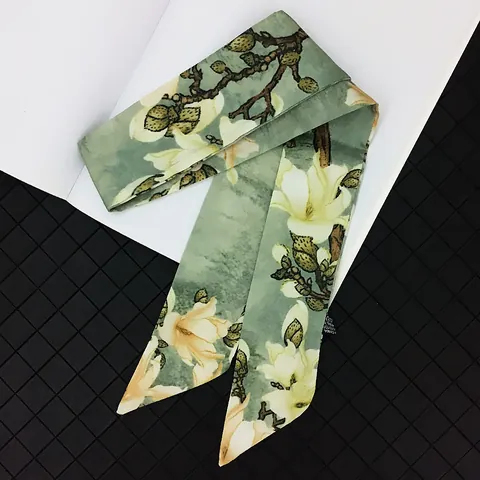 Vintage Magnolia Print Twill Satin Scarf For Women Elegant Floral Hair Band Handbag Ribbon Decorative Narrow Small Scarf