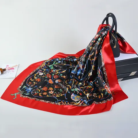 Women's Elegant Satin Square Scarf Floral Bird Print Vintage Head Scarf Fashion Large Neck Wrap Lightweight Shawl Bandana Accessory