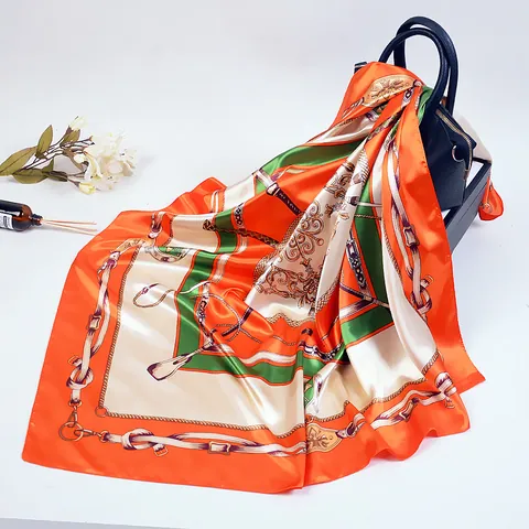 Dames Retro Paardenkoets Ketting Print Satijn Vierkante Sjaal Elegant Glad Imitatie Zijde Nekdoek Grote Vierkante Hoofdband