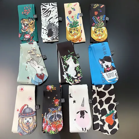 Cartoon Animal Pattern Satin Narrow Scarf For Women Bag Handle Wrap Ribbon Headband Neck Tie Fashion Twilly Accessory