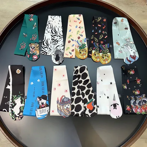 Cartoon Animal Pattern Satin Narrow Scarf For Women Bag Handle Wrap Ribbon Headband Neck Tie Fashion Twilly Accessory