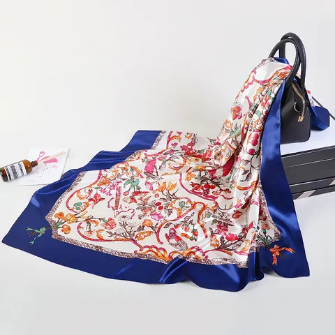 Women's Elegant Satin Square Scarf Floral Bird Print Vintage Head Scarf Fashion Large Neck Wrap Lightweight Shawl Bandana Accessory
