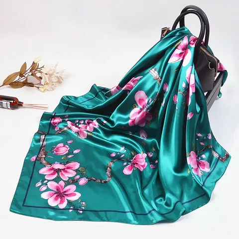 Women Floral Print Satin Square Scarf Elegant Retro Large Decorative Neck Head Scarf Shawl Wrap Accessory For Lady