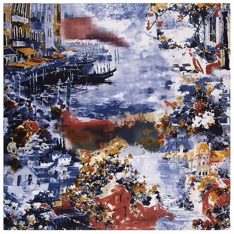 Foulard Quadrato Grande in Raso con Stampa Pittura a Olio Europea Città d'Acqua di Venezia Casa Barca per Donna Scialle Artistico Vintage Accessorio Moda