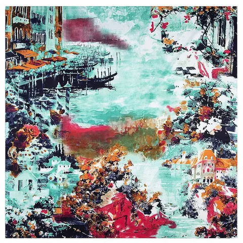 Foulard Quadrato Grande in Raso con Stampa Pittura a Olio Europea Città d'Acqua di Venezia Casa Barca per Donna Scialle Artistico Vintage Accessorio Moda