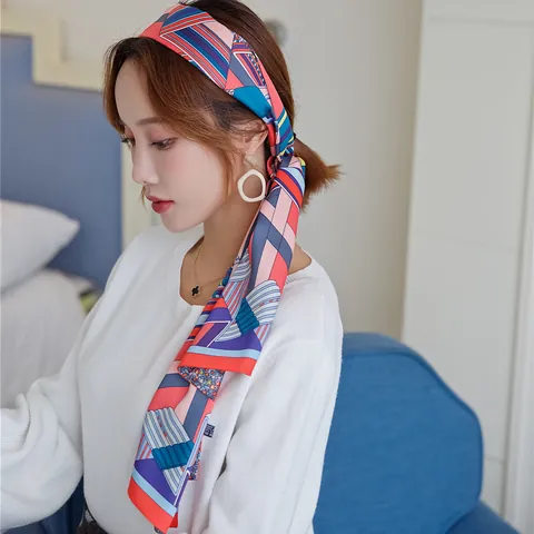 Damen Elegant Satin Köper Langer Schal Geometrisch Gestreift Pferdegebiss Druck Halstuch Seidiges Stirnband Handtaschenband