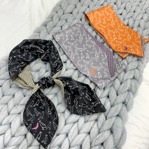Women's Vintage Bird Print Satin Twilly Scarf Double Sided Long Silk-Like Narrow Handbag Handle Ribbon Decorative Neck Tie Scarf
