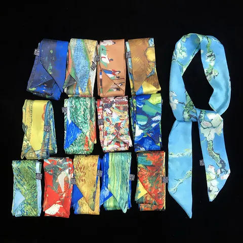 Van Gogh Art Oil Painting Satin Scarf For Women Vintage Floral Twilly Bag Handle Ribbon Hair Tie Bandana Neck Scarf Accessory