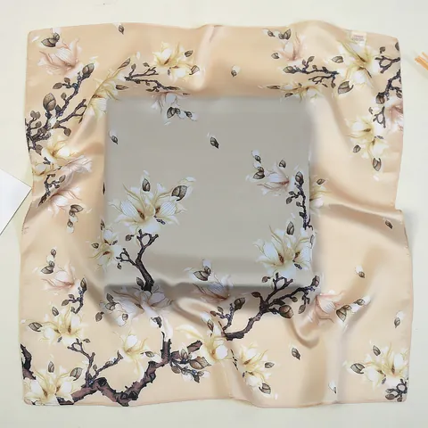 Elegant Magnolia Floral Print Satin Square Scarf For Women Vintage Silk Feeling Neckerchief For Daily Office Party Accessory