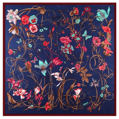 Elegant Satin Square Scarf For Women Botanical Floral Butterfly Print Large Headscarf Decorative Shawl Wrap Accessories