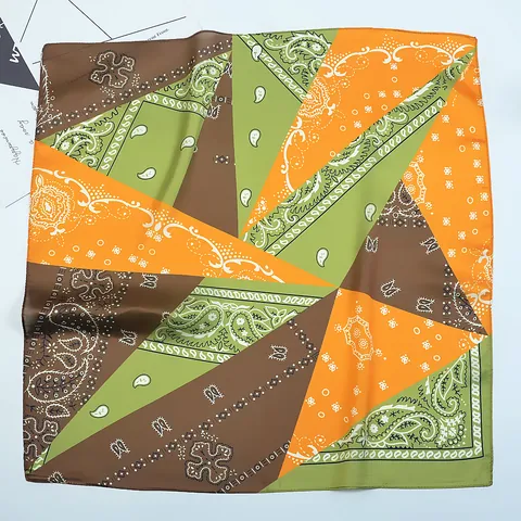 Vintage Paisley Print Satin Square Scarf For Women Bohemian Geometric Color Block Small Neck Scarf Accessory Hair Wrap