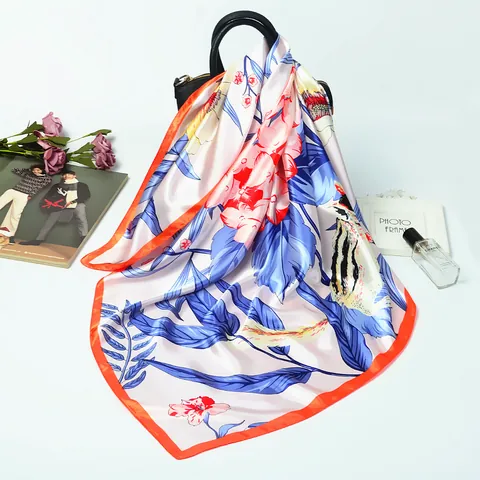 Elegante Foulard Quadrato in Raso Donna Vintage Floreale Girasole Scoiattolo Modello Grande Imitazione Seta Sciarpa Collo Testa