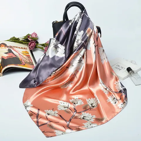 Pañuelo Cuadrado De Satén Con Estampado Floral De Magnolia Para Mujer Pañuelo Sedoso Para El Pelo Chal De Moda Decorativo