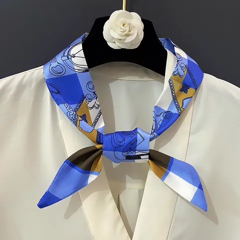 Women Vintage Geometric Floral Print Satin Silk Look Thin Scarf Twilly For Bag Handle Hair Tie Wrist Neck Ribbon Scarf