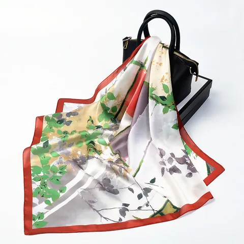 Women Artistic Oil Painting Leaf Print Satin Square Scarf Elegant Silk Like Neck Head Scarf For Daily Office Dating Decor