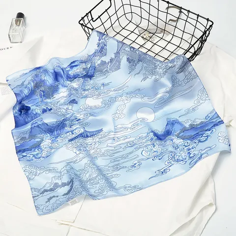 Dames Satijnen Vierkante Sjaal In Chinese Inktwassing Stijl Vintage Berglandschap Polyester Halsdoek