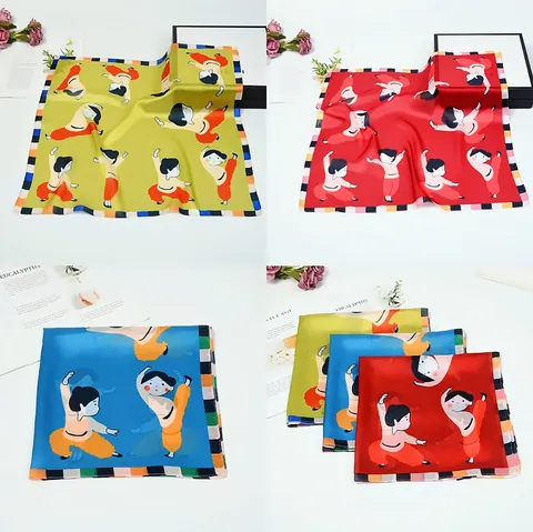 Dames Cartoon Meisje Print Satijn Vierkante Sjaal Vintage Artistieke Zijde Gevoel Halssjaal Kleine Kleurblok Hoofdband Voor Dagelijkse Mode Decoratie