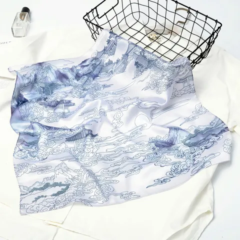 Dames Satijnen Vierkante Sjaal In Chinese Inktwassing Stijl Vintage Berglandschap Polyester Halsdoek
