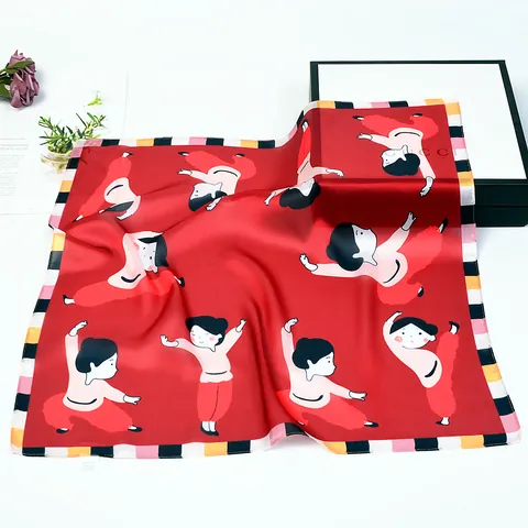 Dames Cartoon Meisje Print Satijn Vierkante Sjaal Vintage Artistieke Zijde Gevoel Halssjaal Kleine Kleurblok Hoofdband Voor Dagelijkse Mode Decoratie