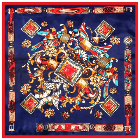 Women Vintage Baroque Royal Print Satin Square Scarf Luxury Gemstone Chain Bird Pattern Decorative Neck Hair Head Scarf