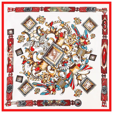 Women Vintage Baroque Royal Print Satin Square Scarf Luxury Gemstone Chain Bird Pattern Decorative Neck Hair Head Scarf