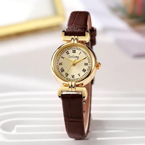 Montre à Quartz Vintage pour Femme Avec Petit Boîtier Rond en Alliage Doré Bracelet en Cuir PU Crocodile Chiffres Romains